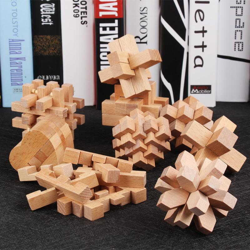 9pcs Beech Wood Kong Ming Lock Luban Lock Set Kids Educational Wooden Brain Teaser Puzzle Toys Intelligence Game GiftMX005