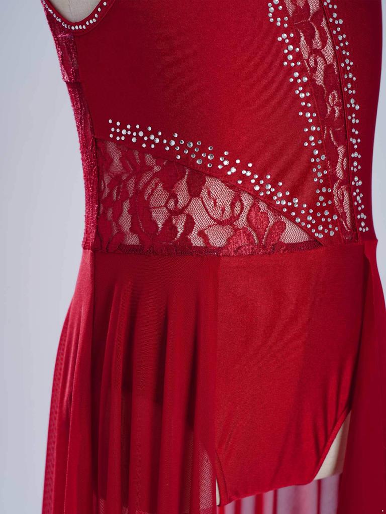 Girls Modern Lyrical Dance Dress Floral Lace Patchwork Cutout Back Rhinestones Leotard Stage Performance Dress