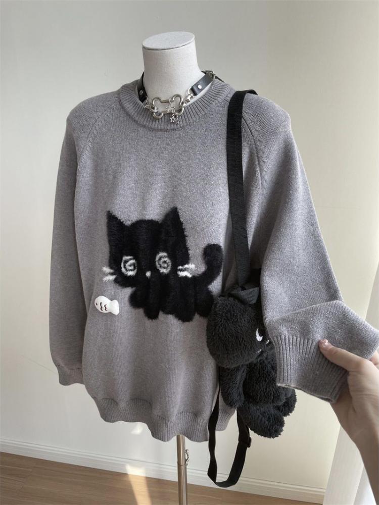 Kawaii Šedé Dámské Svetry Japonský styl Preppy Pletené svetry Cutecore Oversized svetry Sweet Harajuku Soft Girl