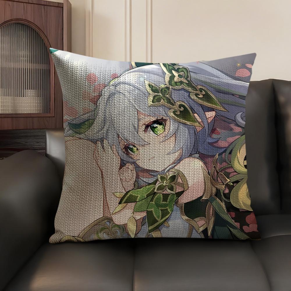 Nahida Genshin Impact Cute Cushion Cover Natural Linen Organic Fabric DoubleSided Printing Sofa Home Decor Gift Pillow Case
