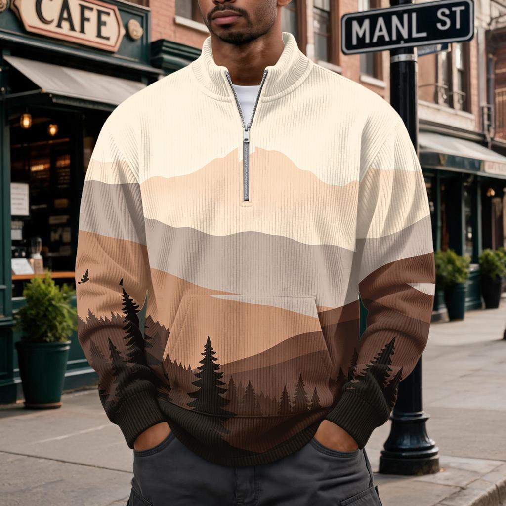 Men's Retro Corduroy Long Sleeve Shirt with Stand Collar and Pocket, Printed Casual Top