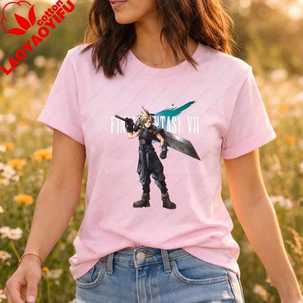 Final Fantasy VII Fashionable Streetwear Cotton Tshirt with Patterns Loose Large Size for Both Unisex and WoUnisex (Short Sleeve)