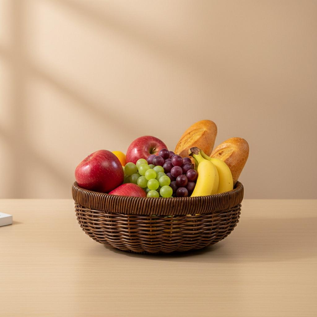 Round Rattan Style Storage Basket For Fruit Snack Bread In Living Room Kitchen