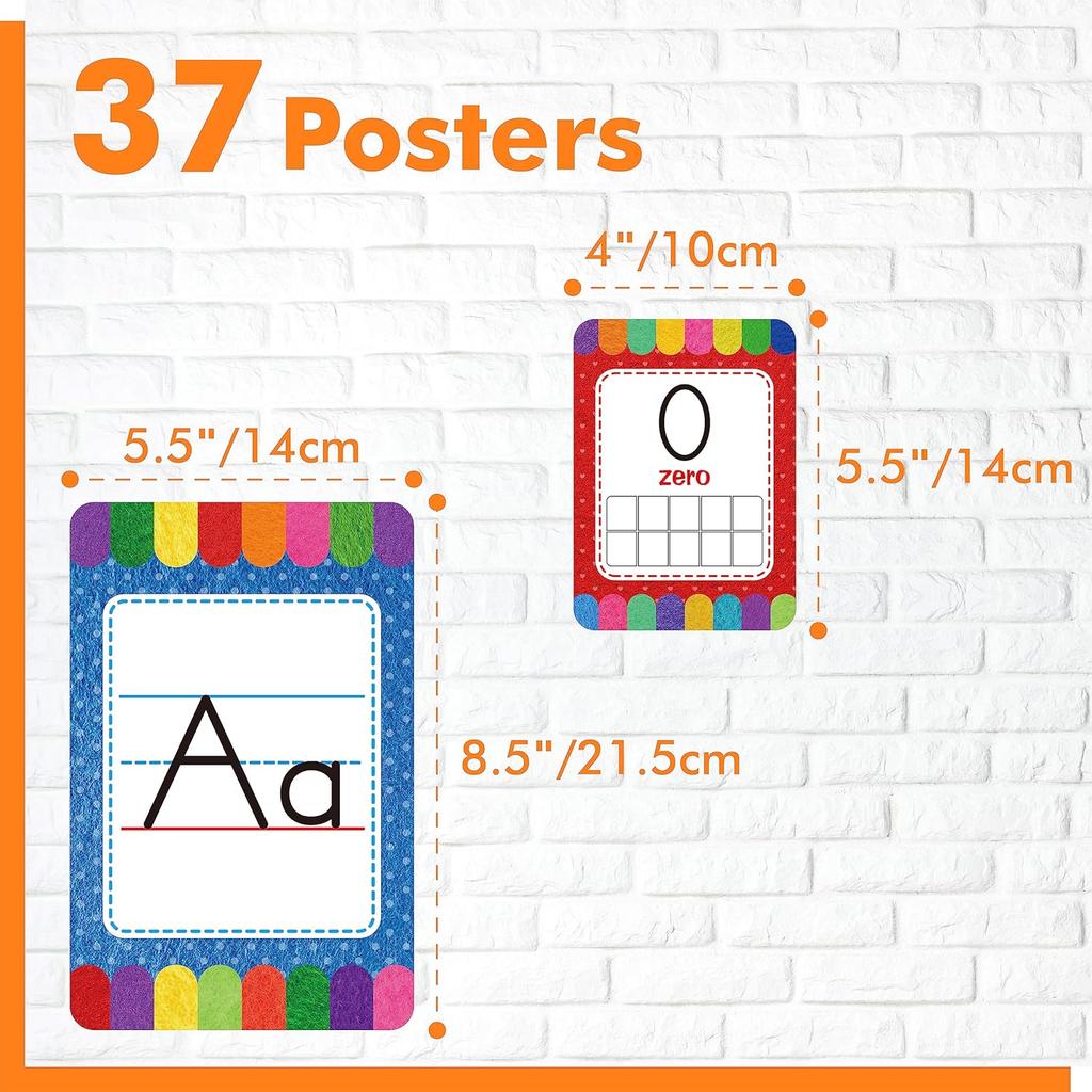 Alphabet Bulletin Board Set, 37 PCS ABC Wall Decorations 26 Upper/Lower Case Letters plus 0-10 Numbers Small Posters for Preschool, Kindergarten