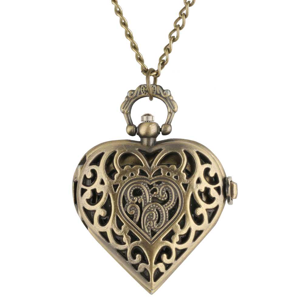 

Stylish romantic heart-shaped diamond quartz women s necklace pocket watch souvenir gift for girls бронзовий
