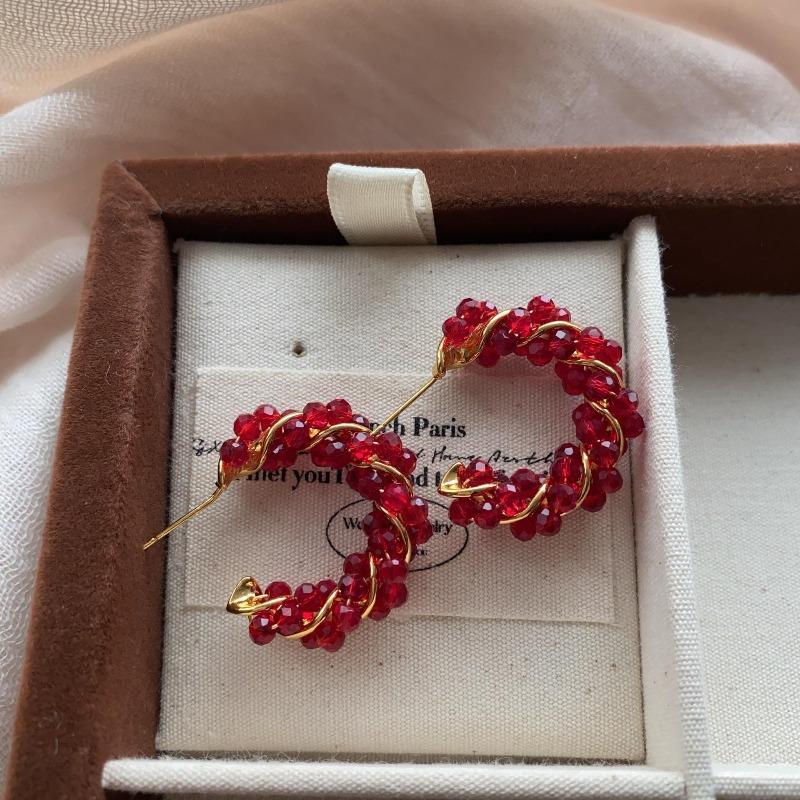 Hand-Woven Twist Red Crystal Earrings, High-End Exquisite, Light Luxury, Elegant Earrings, Festive Fashion And High-End