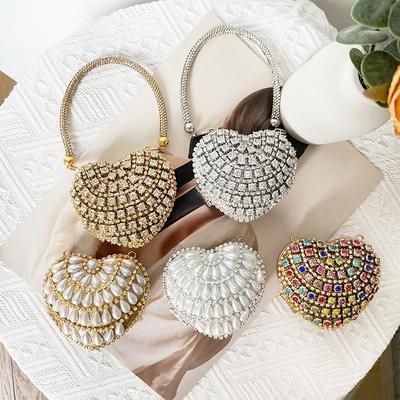 Mini Pochette da Sera a Catena a Cuore con Pietre Incastonate a Diamante