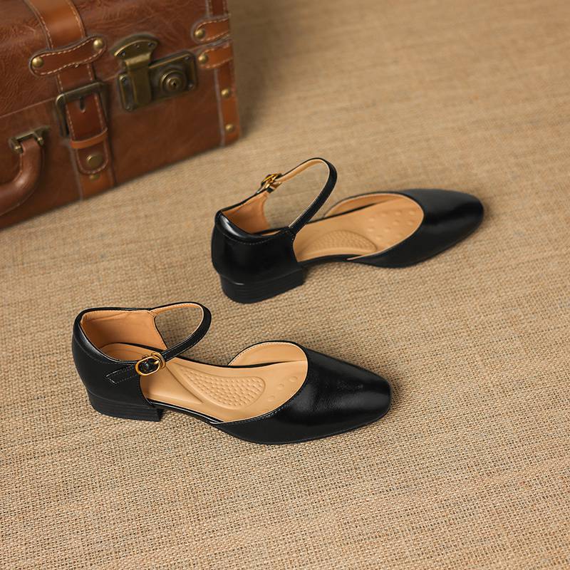 Krazing Pot Cow Skin Round Toe Low Heels Summer Shoes Big Size 42 Ankle Straps Women Pumps