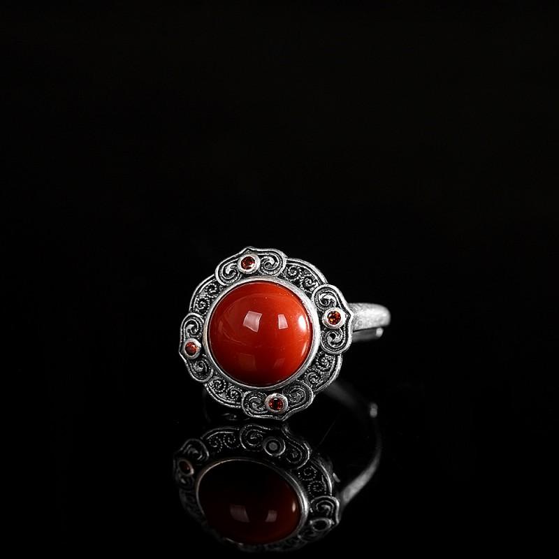 Adjustable Open Ring Men Women Vintage Bohemian Style With Hollow Geometric Plated Red Agate Stone
