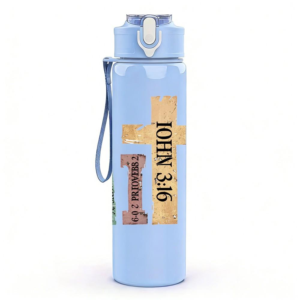1PC Faith Cross Letter Text Art Print 750ml Color Plastic Sports Water Bottle Leakproof Flip Straw Lid Suitable for Sports Office Home Use