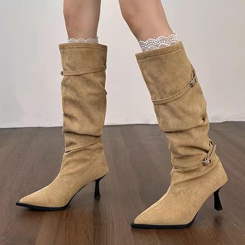 High Heels Women's High Boots Sexy Heeled Pointed Toe Shoes  Fashion Winter Suede Chelsea Boots Pumps New Mujer De Botas