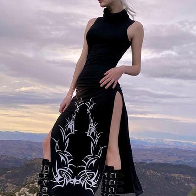 Dolcevita Abito da donna di bellezza alto ed elegante Abito da donna con stampa gotica Abito senza maniche da donna Split Midi