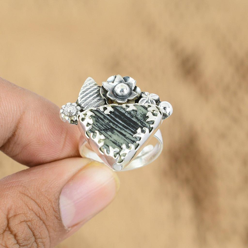 925 Silver Silver Leaf Jasper Stone Elegant Flower Promise Daughter New Ring