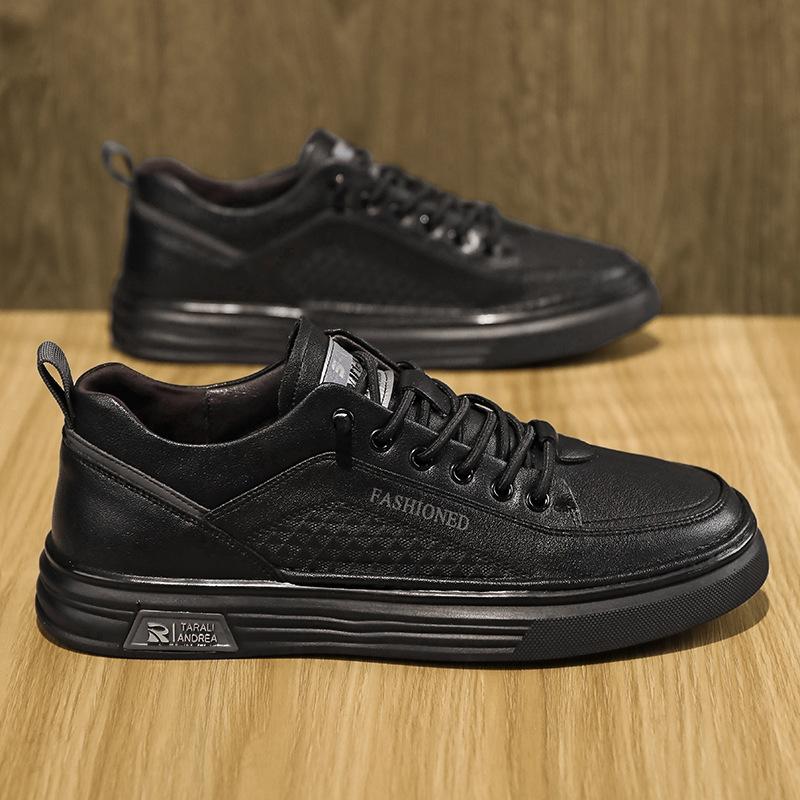 

Fashion Men s Casual Shoes 2025 Spring New Flat Bottomed Anti Slip Waterproof White Leather Shoes 44 чёрный