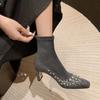 Fashion New Cowhide/suede 6.5cm High Heel Elastic Slimming Boots Autumn Winter Women Pearl/Rivet Style Fashion Ankle Boots Size 34-42
