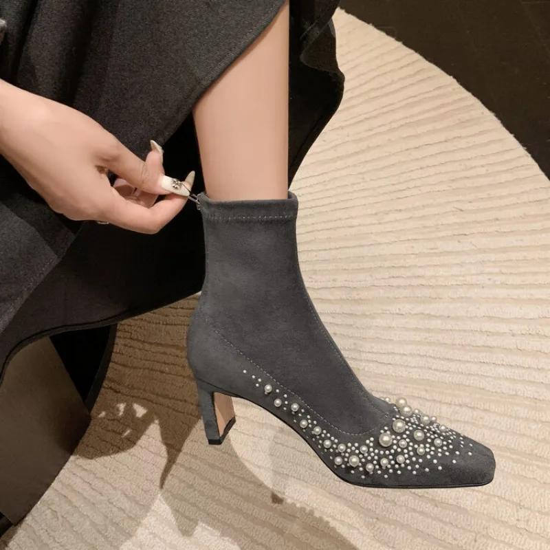 Fashion New Cowhide/suede 6.5cm High Heel Elastic Slimming Boots Autumn Winter Women Pearl/Rivet Style Fashion Ankle Boots Size 34-42