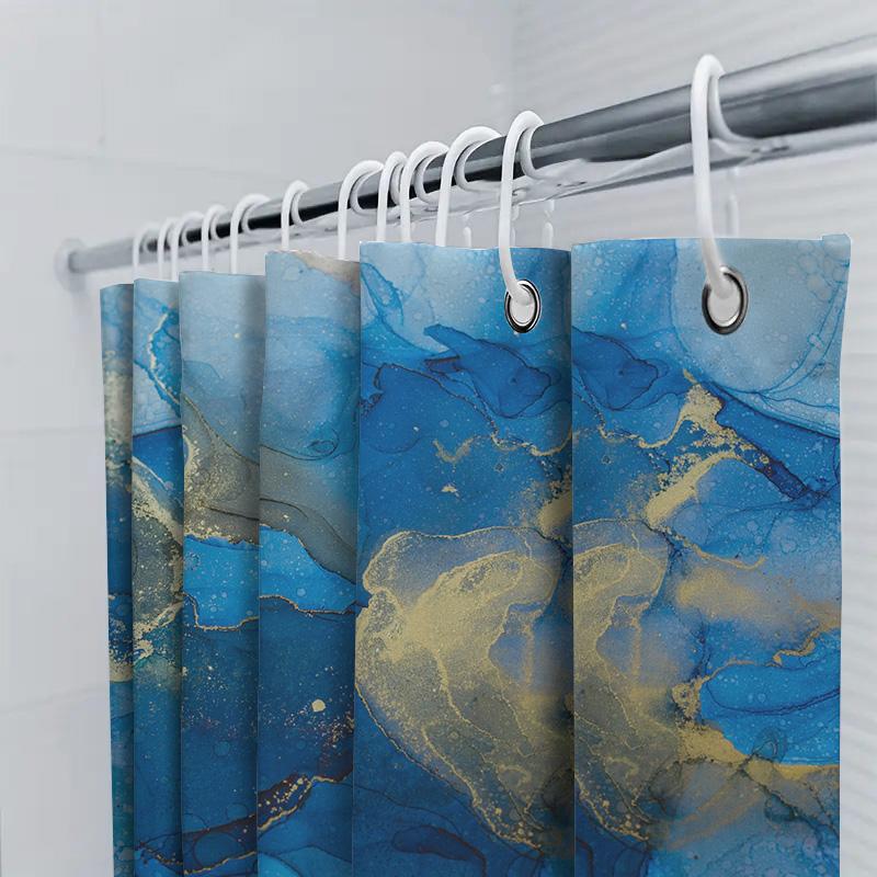 Luxury Marble Blue Gold Shower Curtain Waterproof Bathroom Decor Customizable Size Available