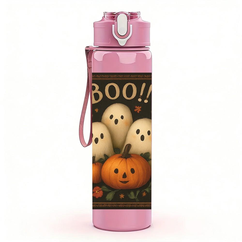 1PC Ghost Pumpkin Halloween Print 750ml Color Plastic Sports Water Bottle Leakproof Flip Straw Lid Suitable for Sports Office Home Use