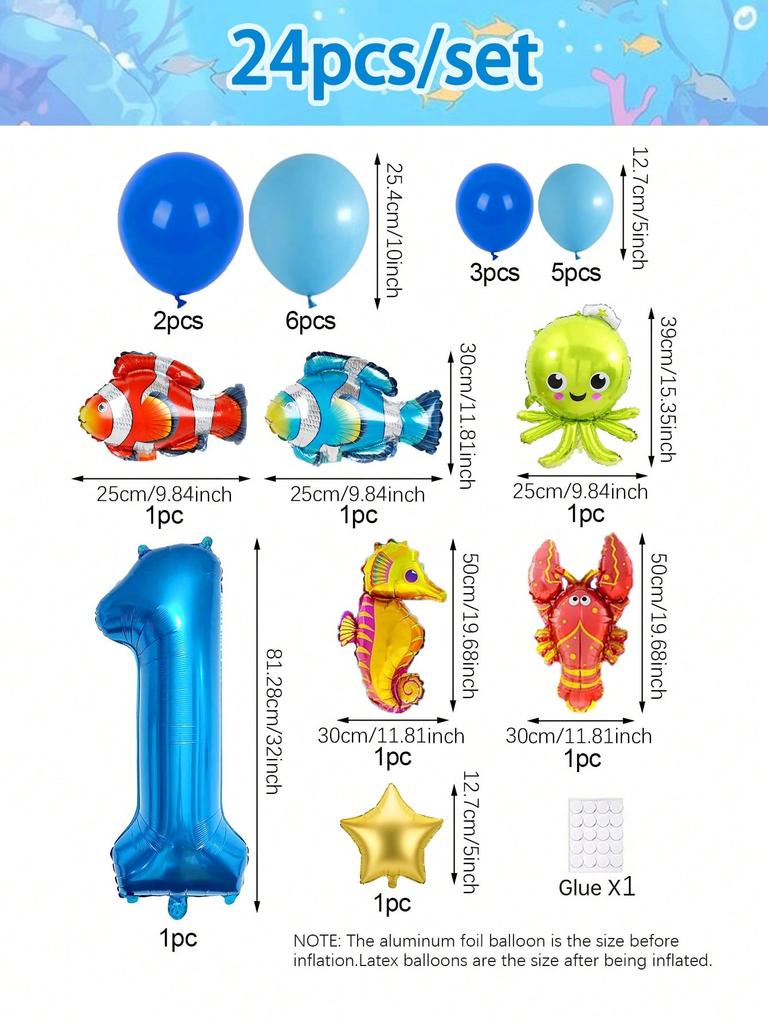 24pcs Cute Sea Animal Theme Balloons Lobster Octopus Seahorse Fish Shape Balloon for The Sea Party Decoration Birthday Balloons