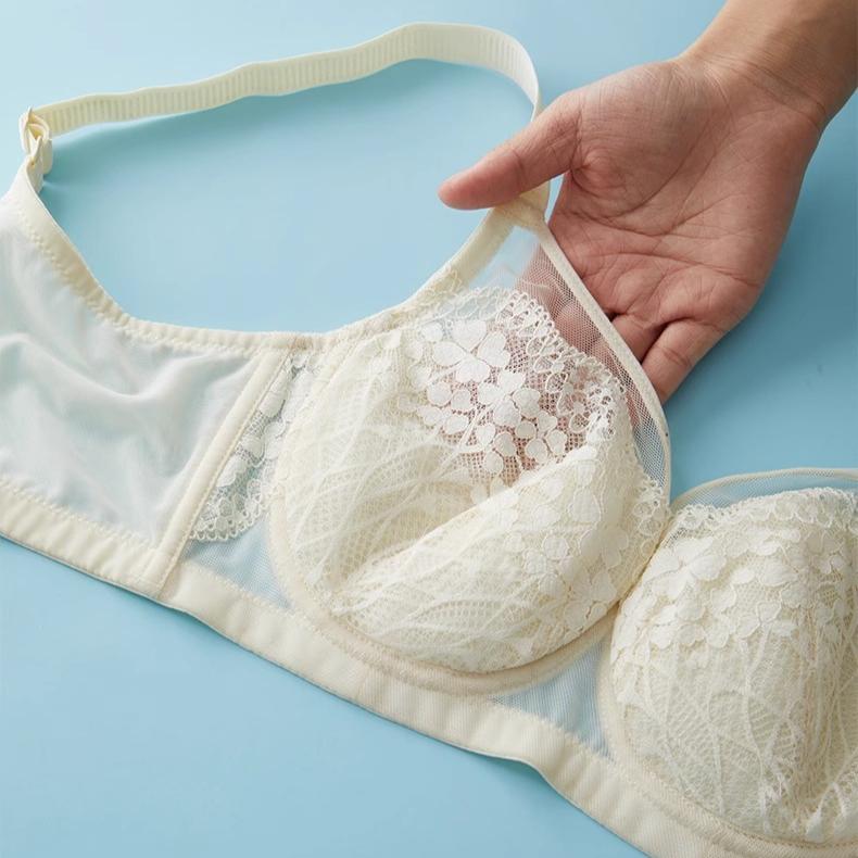 Lingerie Women's Full-cup Summer Bra with Soft Steel Rims for Breast Retraction and Anti-sagging Lace French Thin Bra