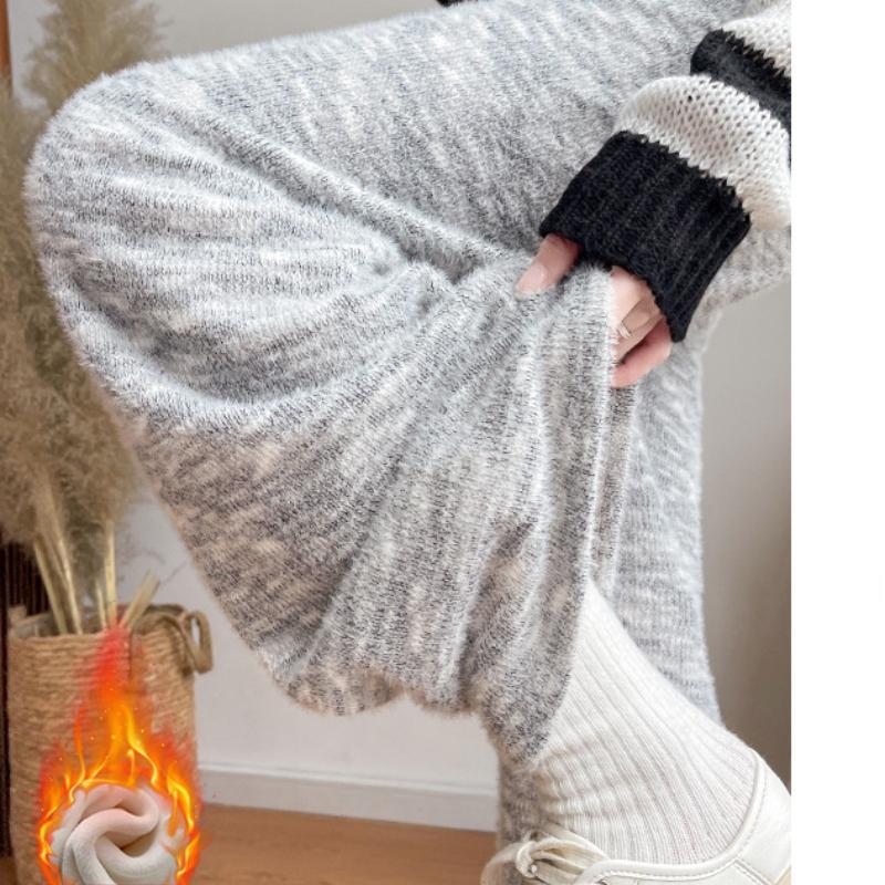 Diandian Rainbow Plus Fleece Glutinous Rice Pants for Women In Fall and Winter New Soft Glutinous Slim Fitted Knitted Narrow Wide Leg Pants