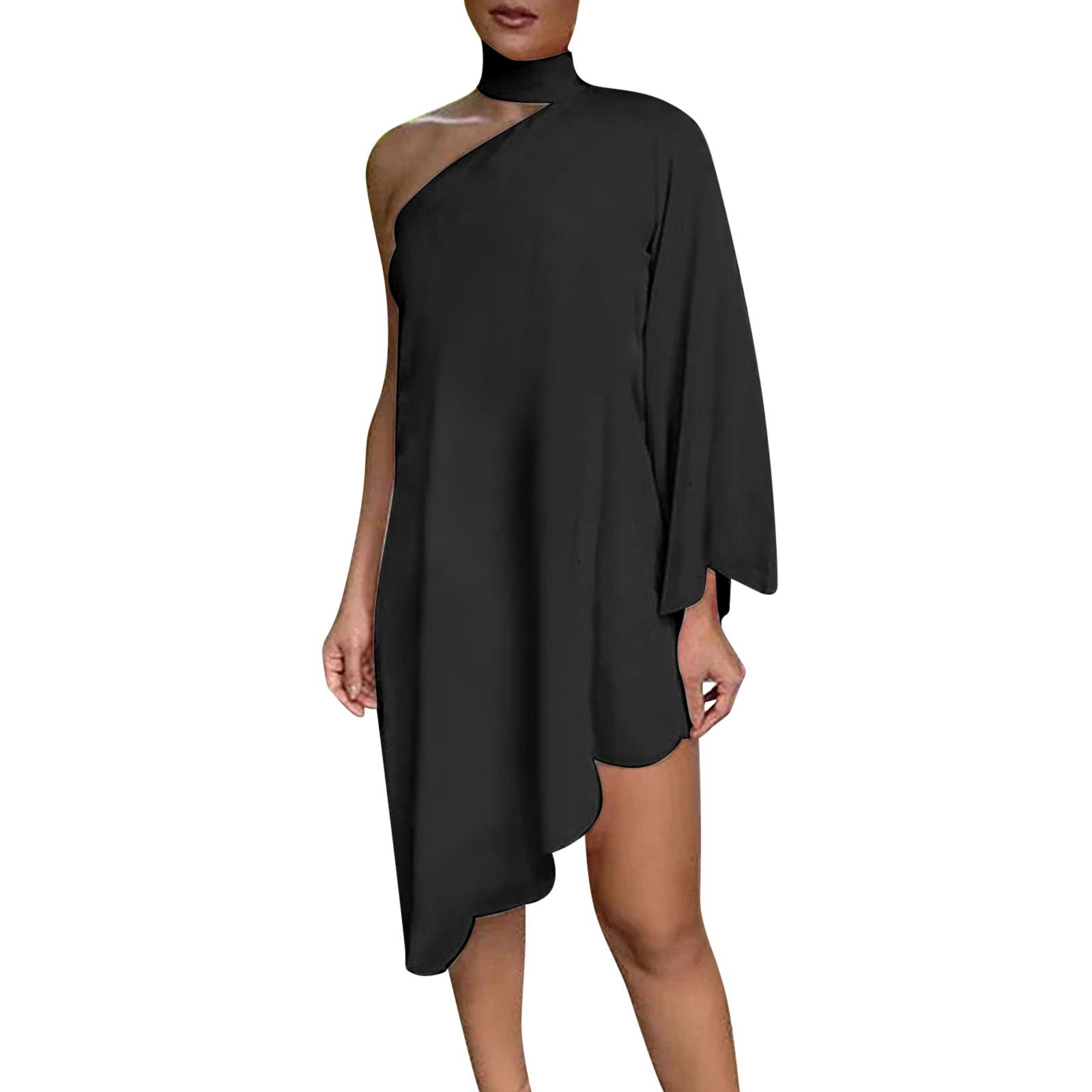 Ladies Slash Shoulder Digital Printing Neck Strap Dress S чёрный