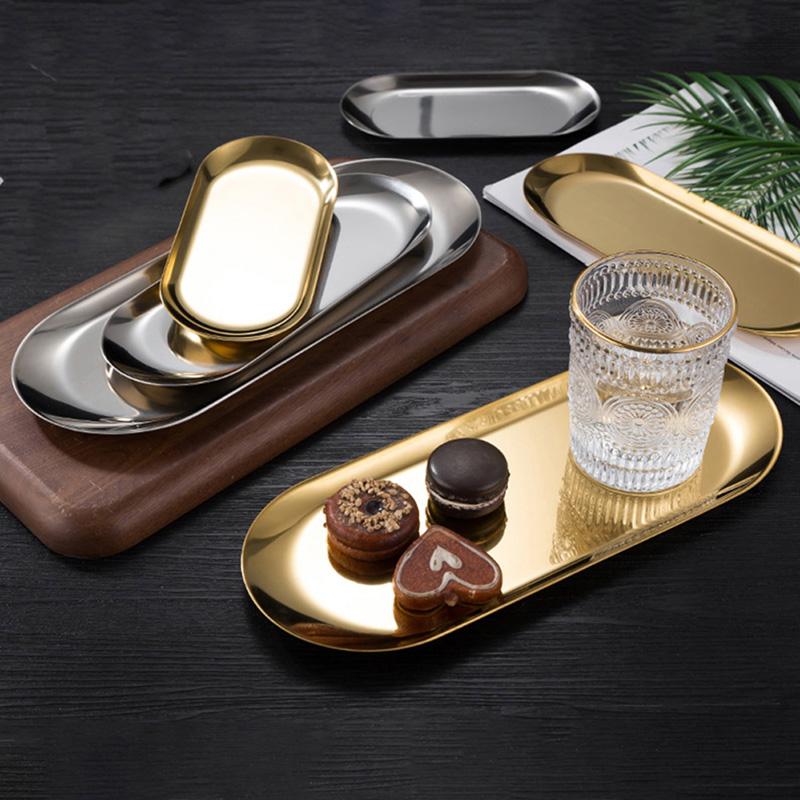 Stainless Steel Dining Dish Plate Tray Jewelry Cosmetic Decorative Trays Organizer Snack Nut Fruit Cake Holder Storage Kitchen