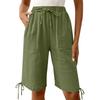 Women's Fashionable Color Elastic Waist Pocket Casual Loose Cotton And Linen Five Quarter Shorts