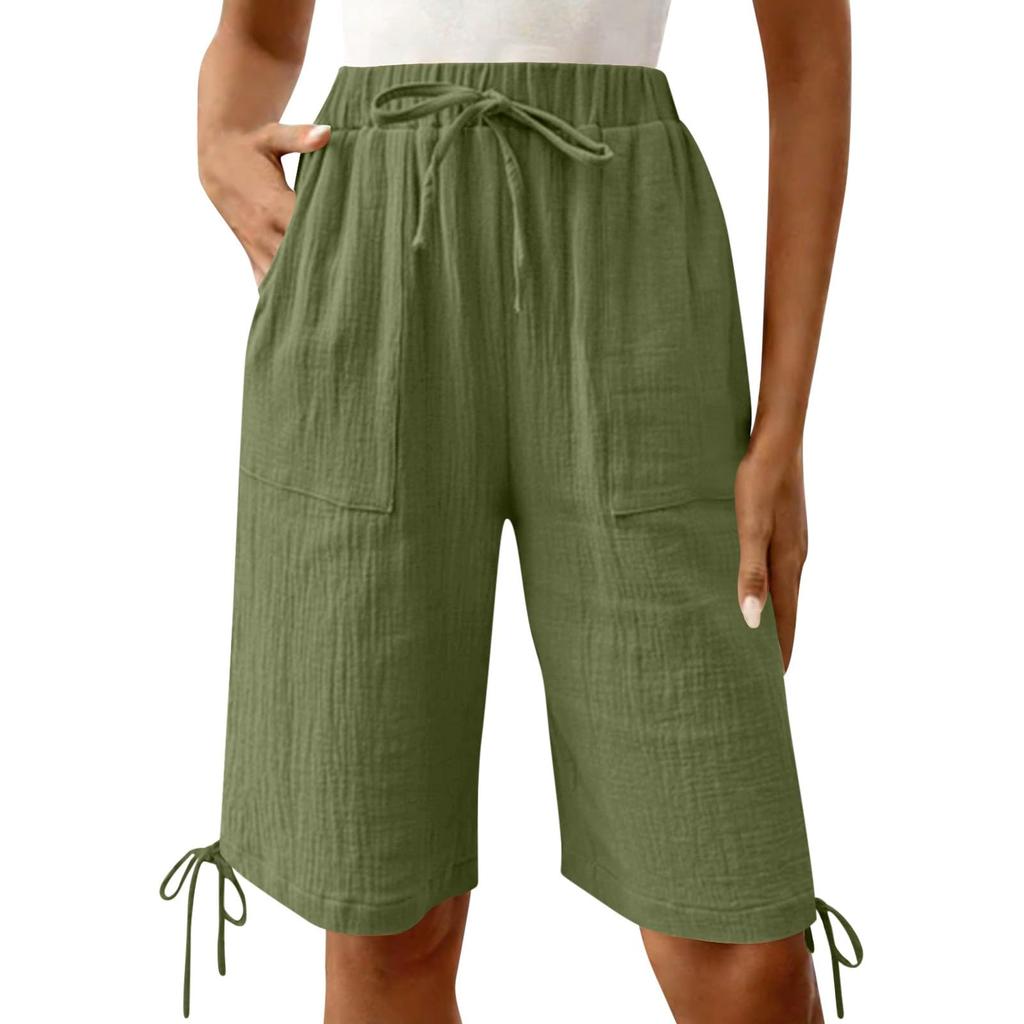 Women's Fashionable Color Elastic Waist Pocket Casual Loose Cotton And Linen Five Quarter Shorts