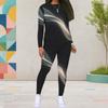 Damen Übergröße Rundhals Langarm Schwarz Gold Bedruckt Oberteil Eng Anliegende Hose Zweiteiliges Set