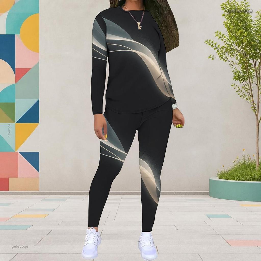 Damen Übergröße Rundhals Langarm Schwarz Gold Bedruckt Oberteil Eng Anliegende Hose Zweiteiliges Set