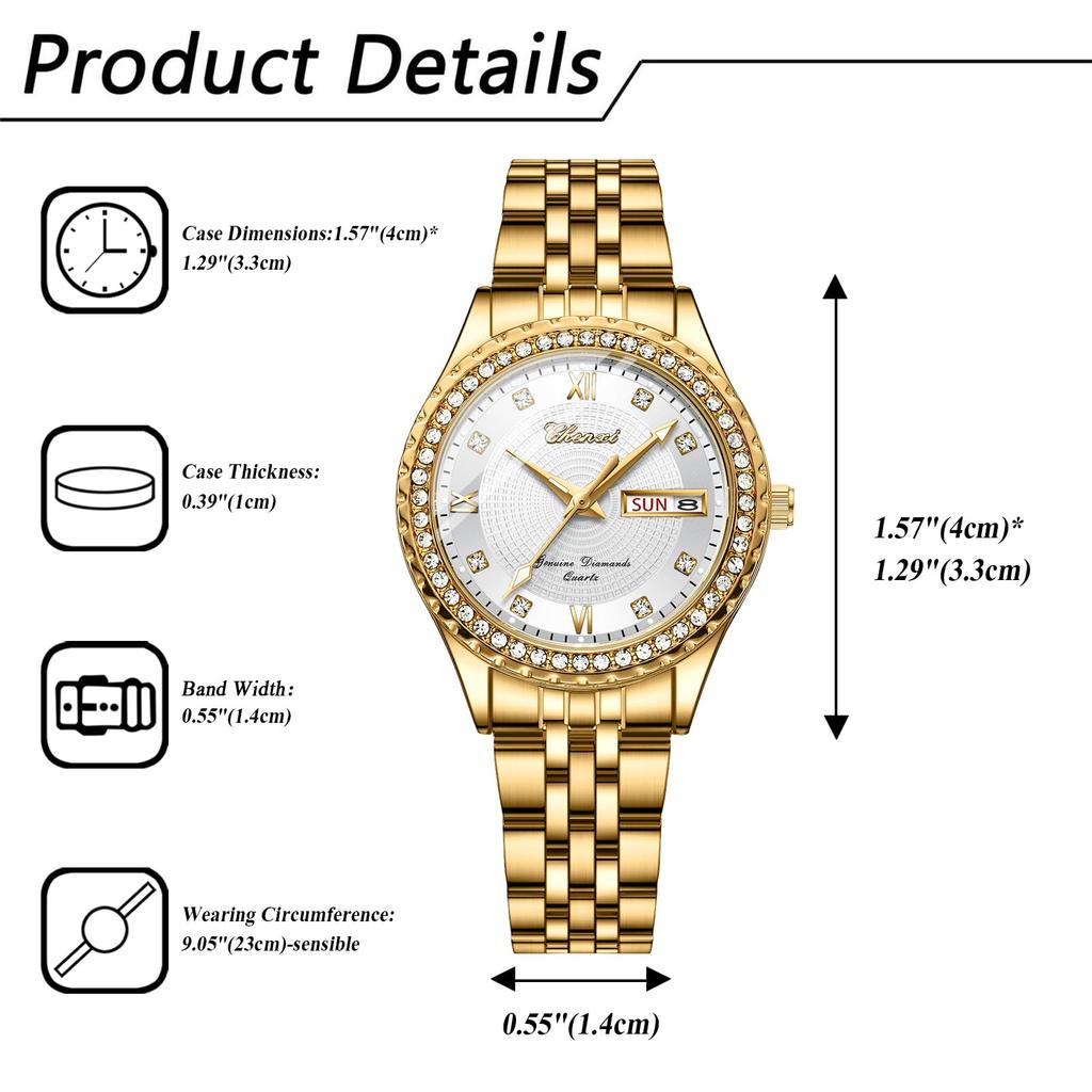 Stylish Stainless Steel Watch In Analog 3ATM Water Day Quartz Fashion Accessory Perfect Gift for or Lover Women's Gold Display, Calendar, Resistance,