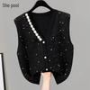 Women's French Style V-Neck Beaded Knit Vest