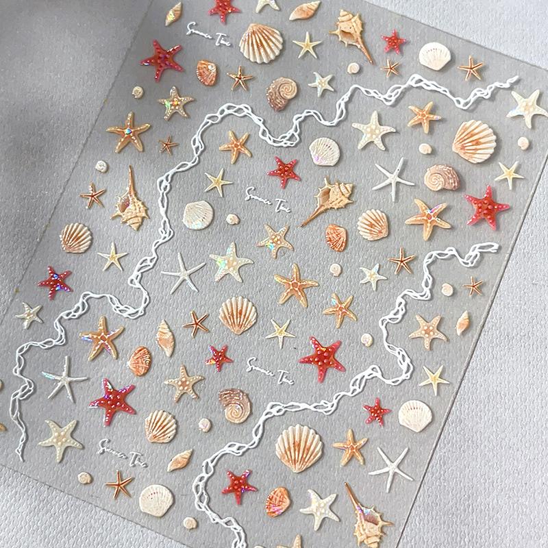 1 Sheet 5D Summer Seashell Nail Sticker Shiny Embossed Starfish Nails Stickers Summer Beach Sea Conch Nail Decals Decoration