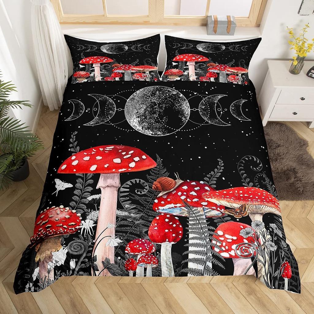 Wild Mushroom Duvet Cover Set Burgundy Plant Bedding Set For Kids Comforter Cover Soft Polyester King Queen Size With Pillowcase