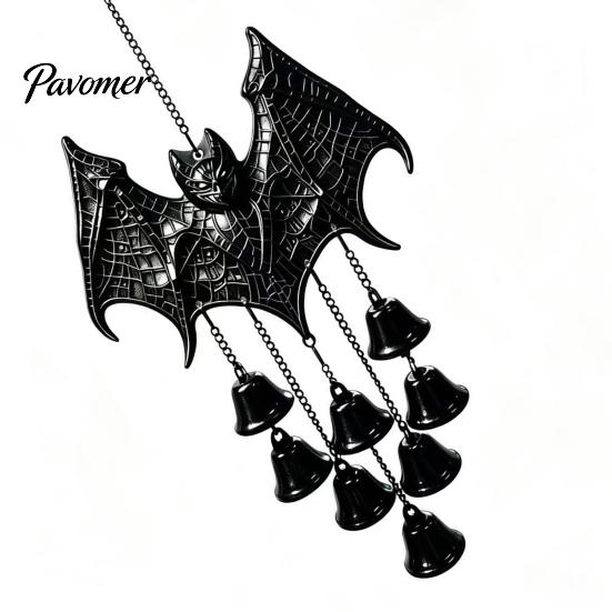 Crisp Sound Breeze Bells Gothic Bat Metal Wind Chime, Halloween Hanging Ornament with Multiple Bells, 3D Indoor Entrance Decorative Crafts Embossed