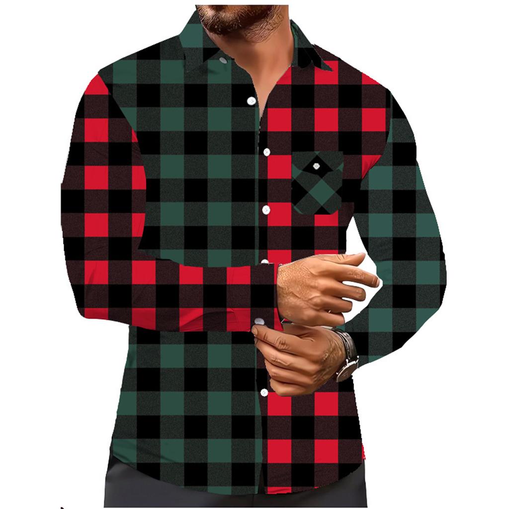 Men's Color Blocking Plaid Trendy Fashion Loose Drop Shoulder Lapel Long Sleeve Shirt
