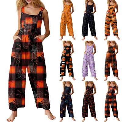 Women's Fashion Halloween Print Casual Vintage Sleeveless Button Jumpsuit