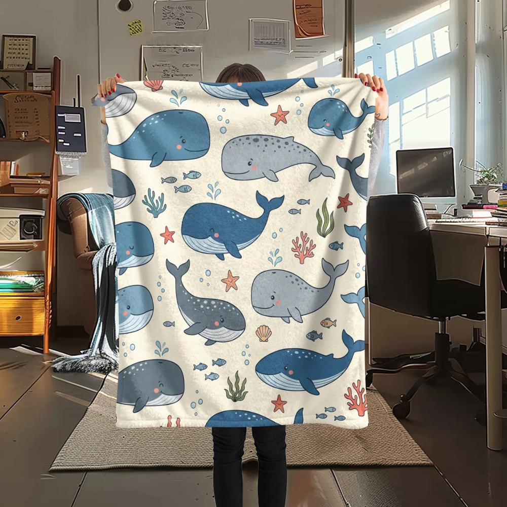 1PC Cute Marine Animals Print Flannel Blanket, High quality All Seasons, Home Decor, Warmth and Comfort, Perfect for Christmas Gifts