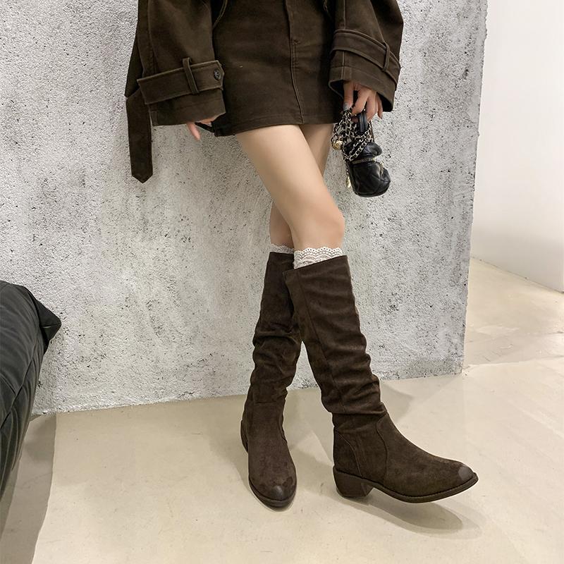 Fashion Women Knee High Boots Autumn Winter Female Shoes Fashion Female Slip-on Folds Low Heel Round Toe Flat Long Boots Botas De Mujer
