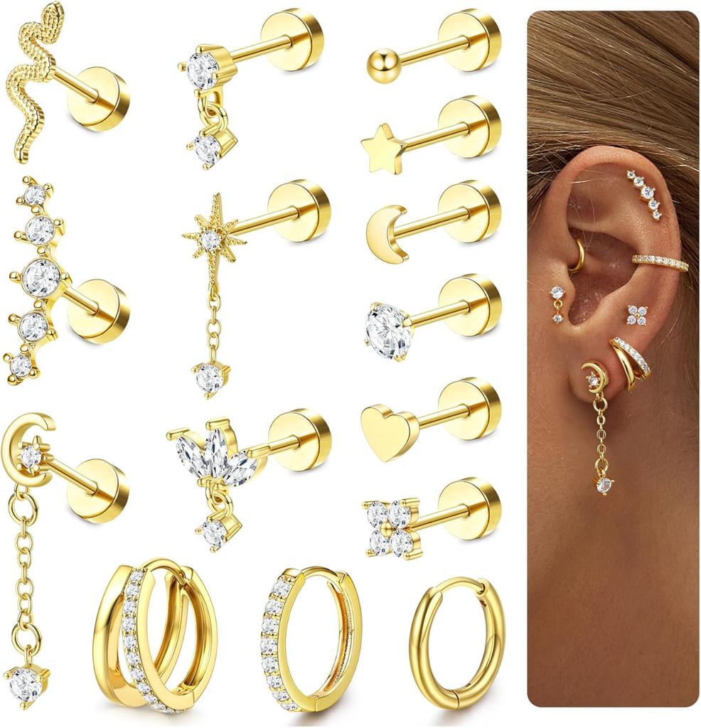 Bobisty Surgical Steel Flat Back Earrings for Women Helix Stud Hoop Earrings Cartilage Earrings Tragus Helix Piercing Jewelry