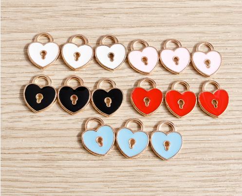 Heart Shaped Lock Pendant Charms Set Metal Enamel Keyhole Design Jewelry Making Accessories for Necklace Bracelet Crafting One Size