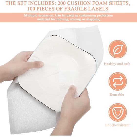 200 Pack 12 x 12 Inches Foam Sheets Cushioning Foam Sheets with 100 Pcs Fragile Labels for Moving Packing Supplies, Convenient to Use, Making