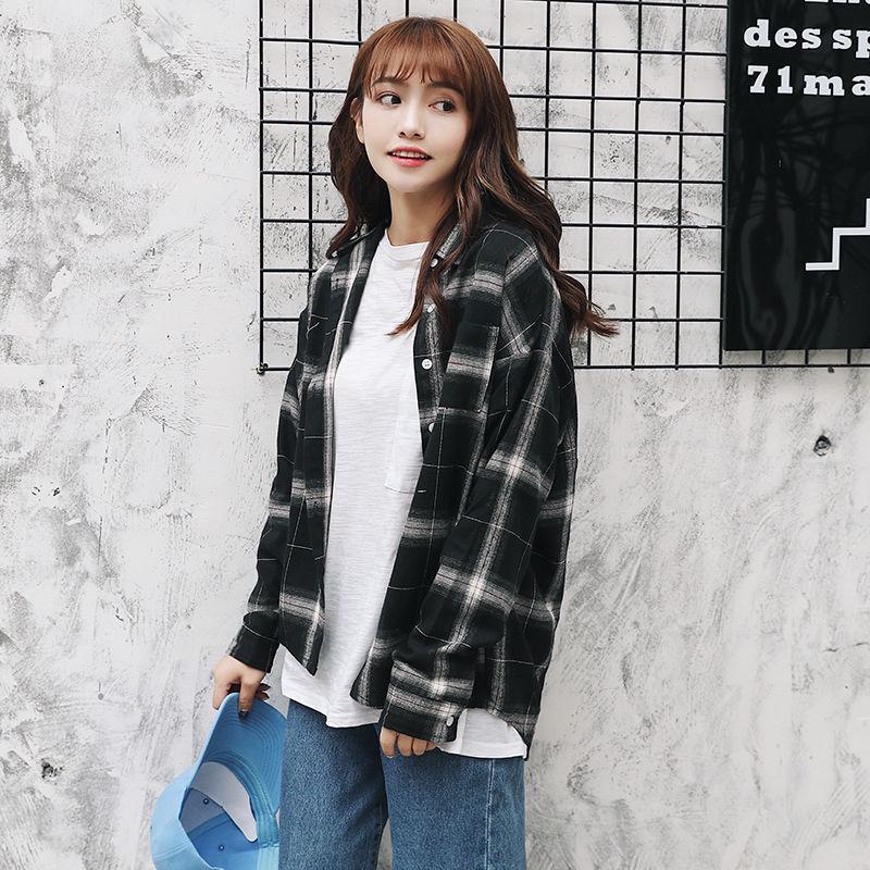 Women's Korean Style Plaid Long Sleeve Shirt, 2023 Chic Loose Fit, Versatile Student Fashion, Hong Kong Spring/Autumn Top.