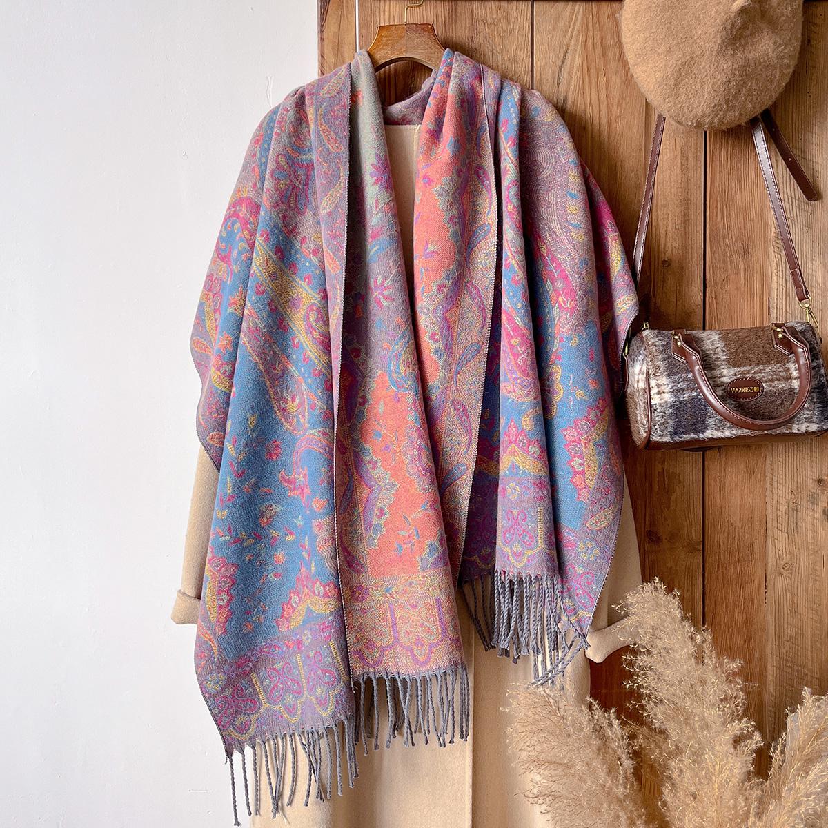 

Brand Fashion Women s Winter Cashmere Wrap - Vintage Oil Painting Floral Printed Tasseled Pashmina Thick Shawl, Scarf & Echarpe
