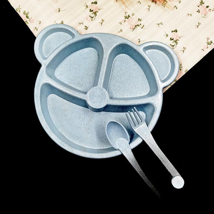 Wheat Bear Children's Plate Set 3-piece Cartoon Tableware Students Divided Breakfast Plate Delivery Spork