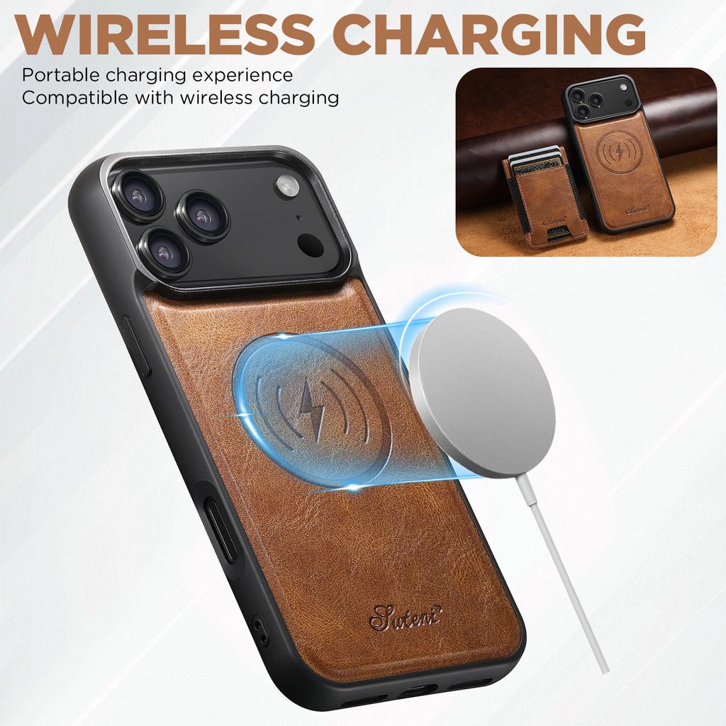 Faux Leather Phone Case Wireless Charging Magnet Card Holder Stand for IPhone 17 Pro Max 16 Plus 15 14 13 1215 14 13 12