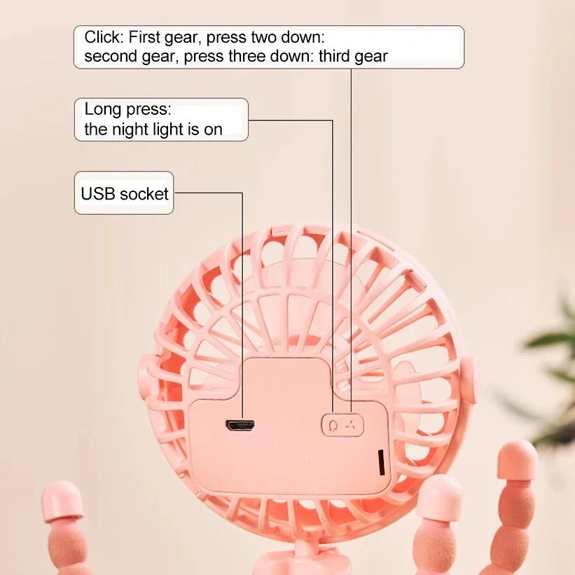 USB Rechargeable Octopus Multifunctional Mini Fan Fixable Small Fan Portable Desktop for Baby Stroller Bicycle with Soft Wind