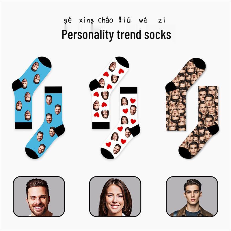 Custom 3D Logo Couple Mid-Calf Socks - Creative Autumn/Winter Trend, Personalized Design with Image