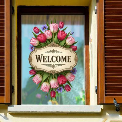 Tulip Welcome Sign Sticker Static Cling Window Decal Removable Waterproof Window Sticker No Residue for Shop Restaurant Home Entrance
